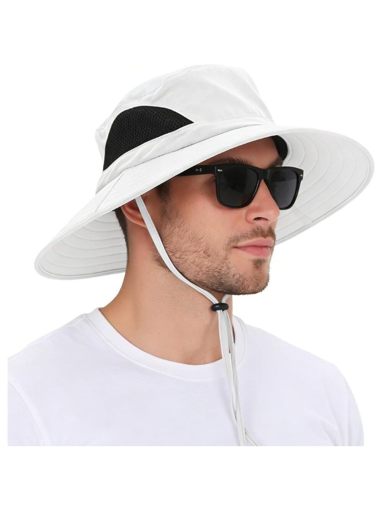 Unisex White 100% Polyester Wide Brim Mesh Vents With Chin Strap Fishing Sun Hat